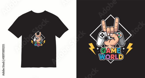 Creative game world logo with hand holding controller for gaming merchandise and branding