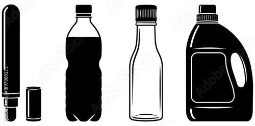 Collection of various black and white container icons illustrating different types of packaging including bottles tubes and cleaning product jugs