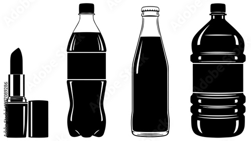Collection of various product silhouettes featuring an open lipstick next to three different styles of beverage containers in stark black and white illustration.