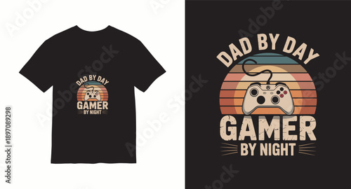 Retro dad by day gamer by night t-shirt design with vintage sunset and controller