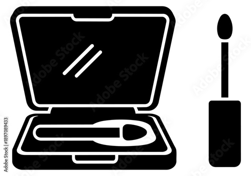 Simple black and white graphic icon illustrating an open compact mirror case with an applicator next to a separate mascara wand for beauty and makeup applications.