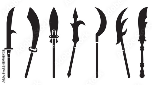 Black vector icon set of glaives, curved blade pole weapons with varied blade and mounting designs, side and angled views, solid black flat silhouettes, minimalist vector icon design