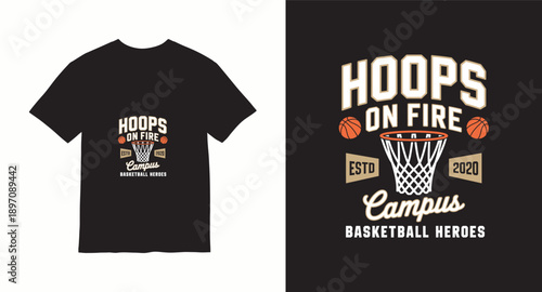 Hoops on fire t-shirt design, basketball hero illustration for campus sports