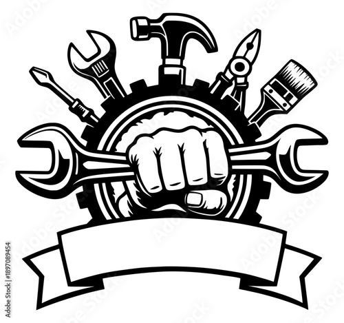 Strong Fist Holding Wrench Repair Tools Logo - Handyman and Construction Service Emblem with Hammer, Gear, and Ribbon Frame - Professional Workshop Graphic Art