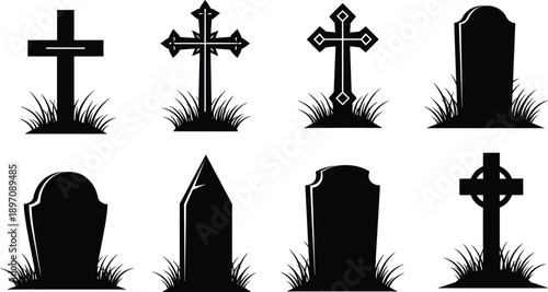 Gravestone and cross silhouettes set, cemetery tombstones with grass, Halloween graveyard elements in black vector style for spooky, gothic, and memorial designs