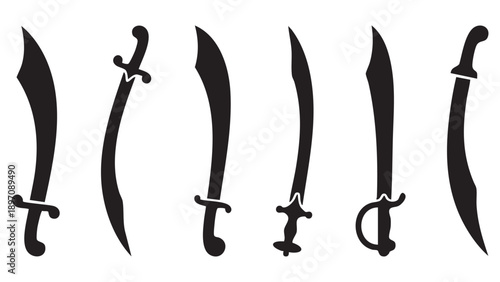Black vector icon set of scimitars, curved sword variations with different blade curves and handle shapes, side and angled views, solid black silhouette icons, flat minimalist vector style