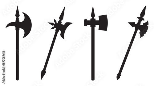 Black vector icon set of halberds, different medieval halberd head designs with axe blades and spikes, side and angled views, solid black flat silhouette icons