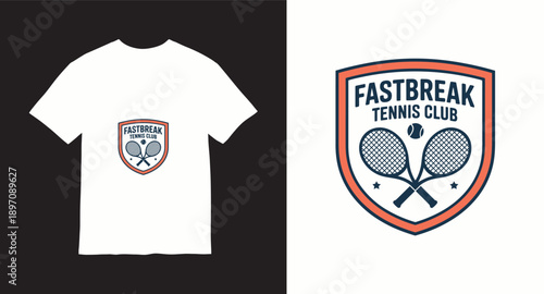 Fastbreak tennis organization shield emblem featuring crossed rackets and stars design