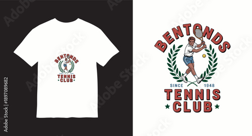 Bentonds tennis design with male player holding a racket and ball surrounded by laurel wreath