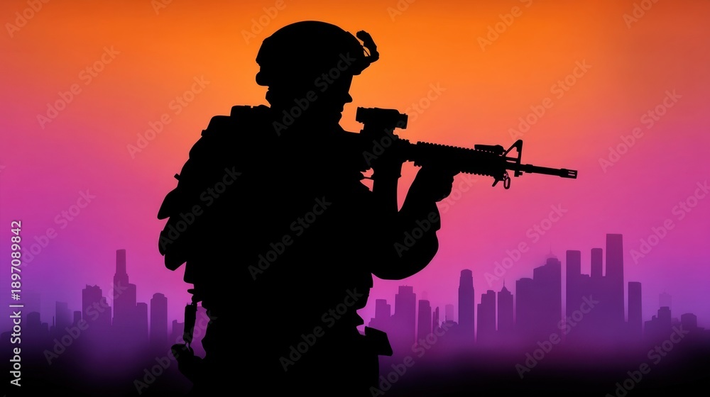 Fototapeta premium Silhouette of Soldier with M4 Assault Rifle Against Vibrant Sunset Cityscape Background