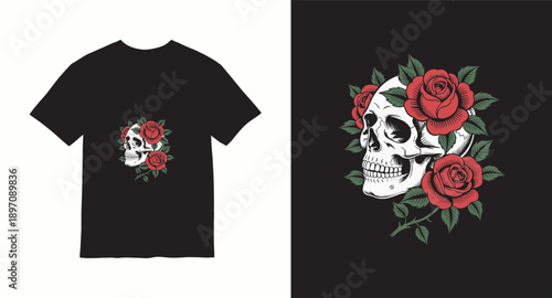 T shirt design with skull and roses graphic for t shirt