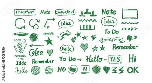 Green Handwritten Doodles and Notes on White Background, Office Supplies Illustration