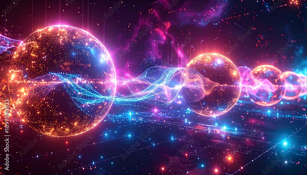 Fototapeta premium Vibrant neon spheres connected by glowing threads in a cosmic dance against a starry night sky viewed from a futuristic perspective