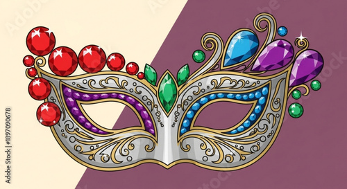 Vibrant Masquerade Mask with Jewels and Beads on Diagonal Background