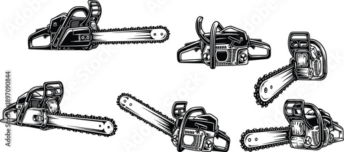 Detailed chainsaw vector illustration set showing professional forestry power tools, mechanical equipment, and wood cutting machinery isolated on white background