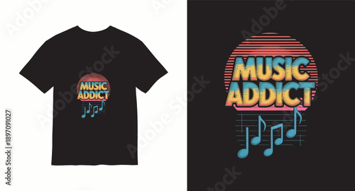 Music addict text with musical notes and colorful sunset background, vintage style design