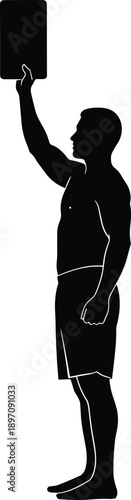 Black silhouette football referee raising red card isolated on white background representing sports officiating authority rule enforcement fair play decision making in competitive match