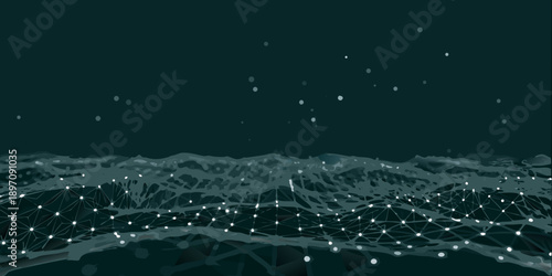 Abstract polygonal landscape with glowing network connections under a starry sky