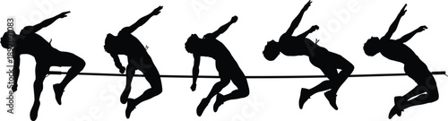 Black silhouette sequence of high jump athlete clearing bar in multiple motion stages isolated on white background representing athletics sport training and competition concept