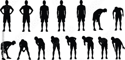 Black silhouette set of male athlete body positions showing standing bending tired and stretching poses isolated on white background for fitness sport and training concepts