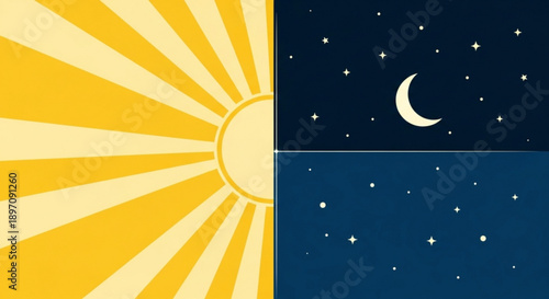 Sun and Moon Contrast Day and Night Sky with Stars