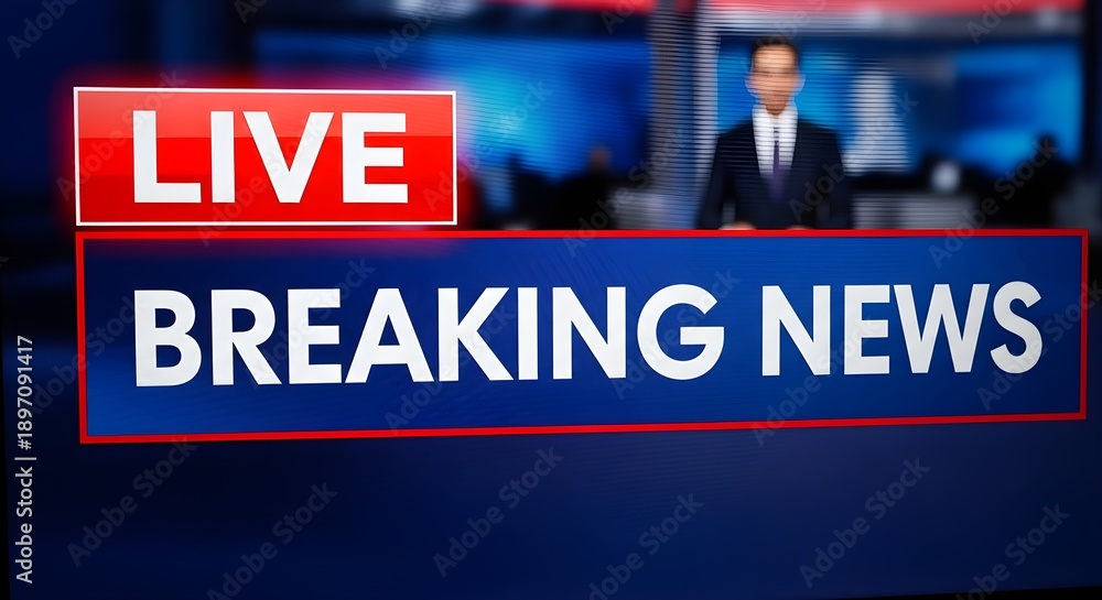 Obraz premium A news anchor stands confidently in a television studio with a live breaking news banner displayed prominently in the foreground with a blurred background.