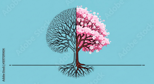 Tree with Contrasting Pink and Black Branches on Blue Background