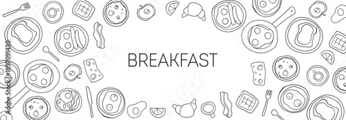 Breakfast sketch frame . Whimsical food doodles, Hand drawn vector illustration for menu. Breakfast and brunch quirky icons, simple sketch style.