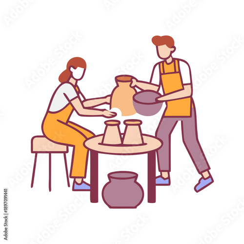 Artisans Skillfully Crafting Clay Pots on Pottery Wheels
