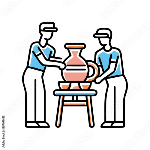 Artisans Skillfully Crafting Clay Pots on Pottery Wheels
