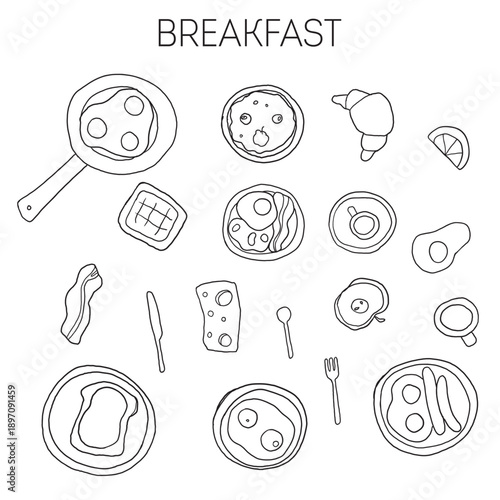 Breakfast sketch. Whimsical food doodles Hand drawn vector illustration for menu. Breakfast and brunch quirky icons, simple sketch style.