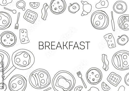 Breakfast sketch frame . Whimsical food doodles, Hand drawn vector illustration for menu. Breakfast and brunch quirky icons, simple sketch style.