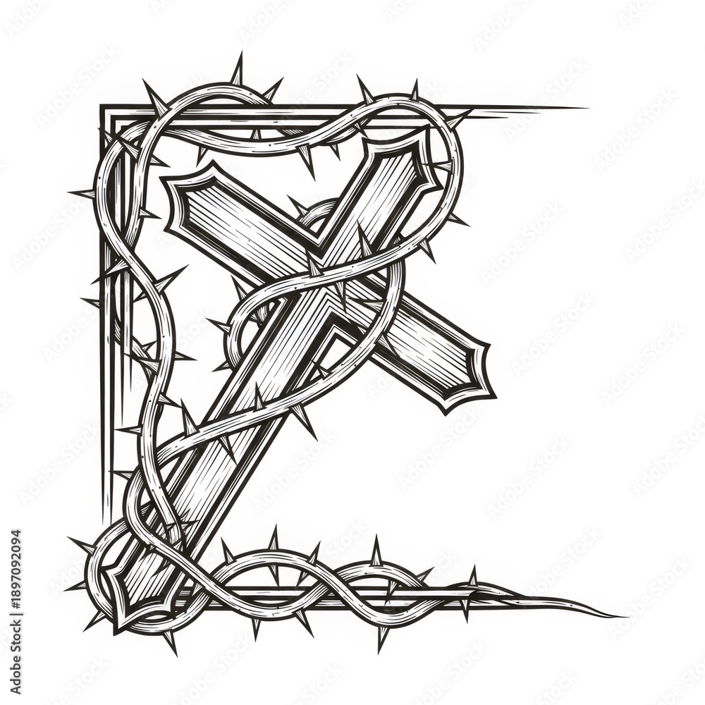 Fototapeta premium Black and white cross with a crown of thorns for Easter. Christian symbol of redemption and sacrifice. Good Friday religious art.