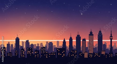 City Skyline at Sunset with Illuminated Skyscrapers and Stars