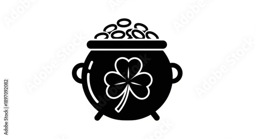 Black Pot of Gold with Shamrock Illustration Isolated on White