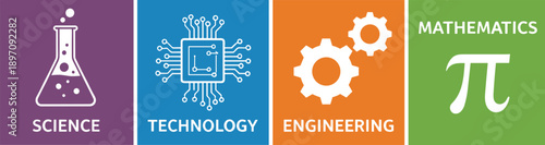 STEM education concept with science flask, technology chip, engineering gears, and mathematics pi symbol, colorful vector illustration