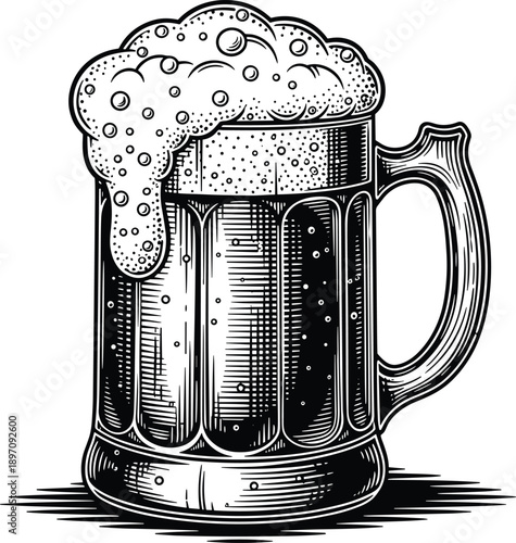 Vintage beer mug with frothy foam, black and white hand-drawn vector illustration for bar, pub, brewery, or drink design