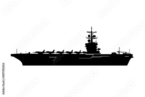 Aircraft carrier vector illustration, side view, black and white, solid color fill, flat design