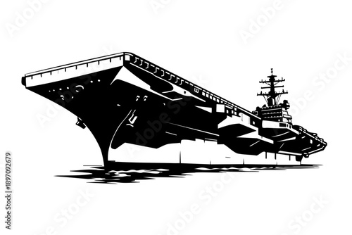 Low-angle perspective of an aircraft carrier emphasizing massive hull scale and deck overhang