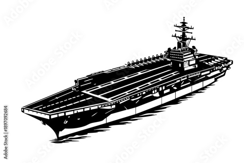 Isometric view of an aircraft carrier showing flight deck, island structure, and hull geometry