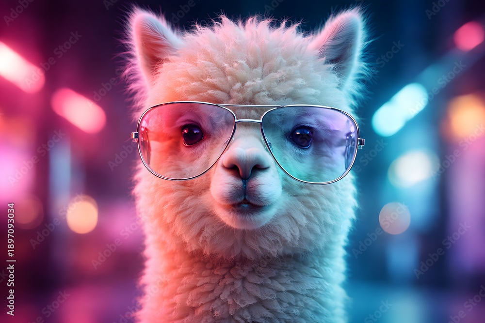 Fototapeta premium A white alpaca wearing futuristic glasses in a neon lit city at night