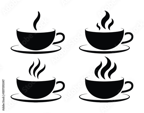 Four Black Silhouettes of Steaming Coffee Cups on Saucers