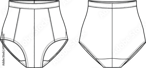 Technical line drawing of high waist underwear front and back views isolated on white background showing stitching details lingerie apparel design template illustration