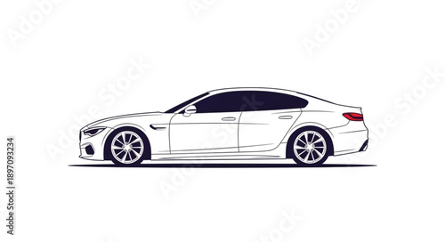 Modern White Sports Sedan Car Illustration Side View.