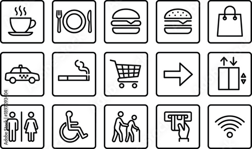 Minimal public facilities and everyday services icon set featuring food, shopping, transport, accessibility, navigation and building symbols for web, mobile apps, UI and UX design