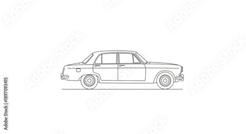Classic Car Silhouette Line Drawing Isolated White Background.