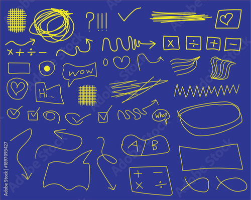 Collection of yellow technical and engineering design elements on blue background