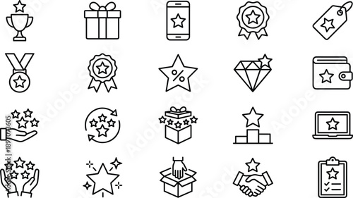 Minimal rating reward and premium quality line icon set featuring stars badges gifts loyalty coupons for ecommerce branding reviews web app UI design