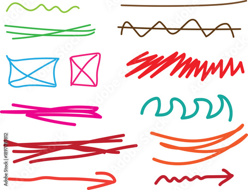 A collection of 12 different colorful hand drawn lines and shapes