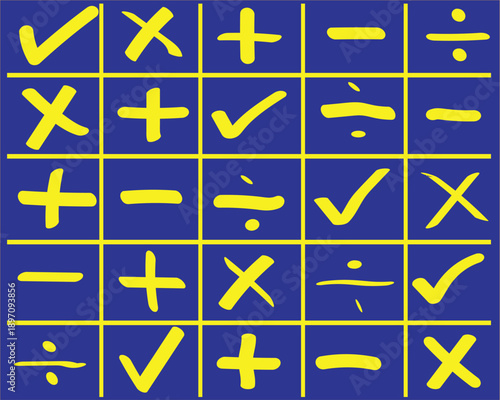 Math symbols grid with checkmarks and x's on blue background